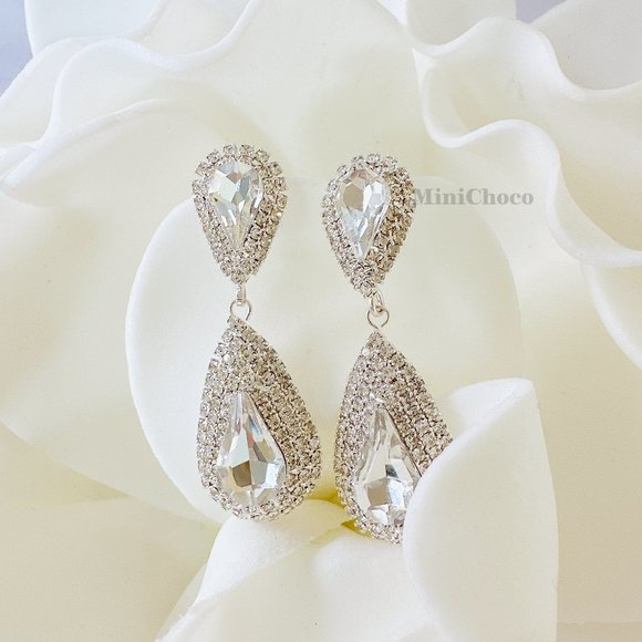 Silver Tone Bridal Teardrops Statement crystal Dangle Earrings - Picture 2 of 8